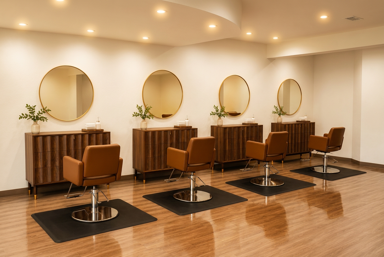 Styling stations with round gold mirrors inside The Mane House Salon